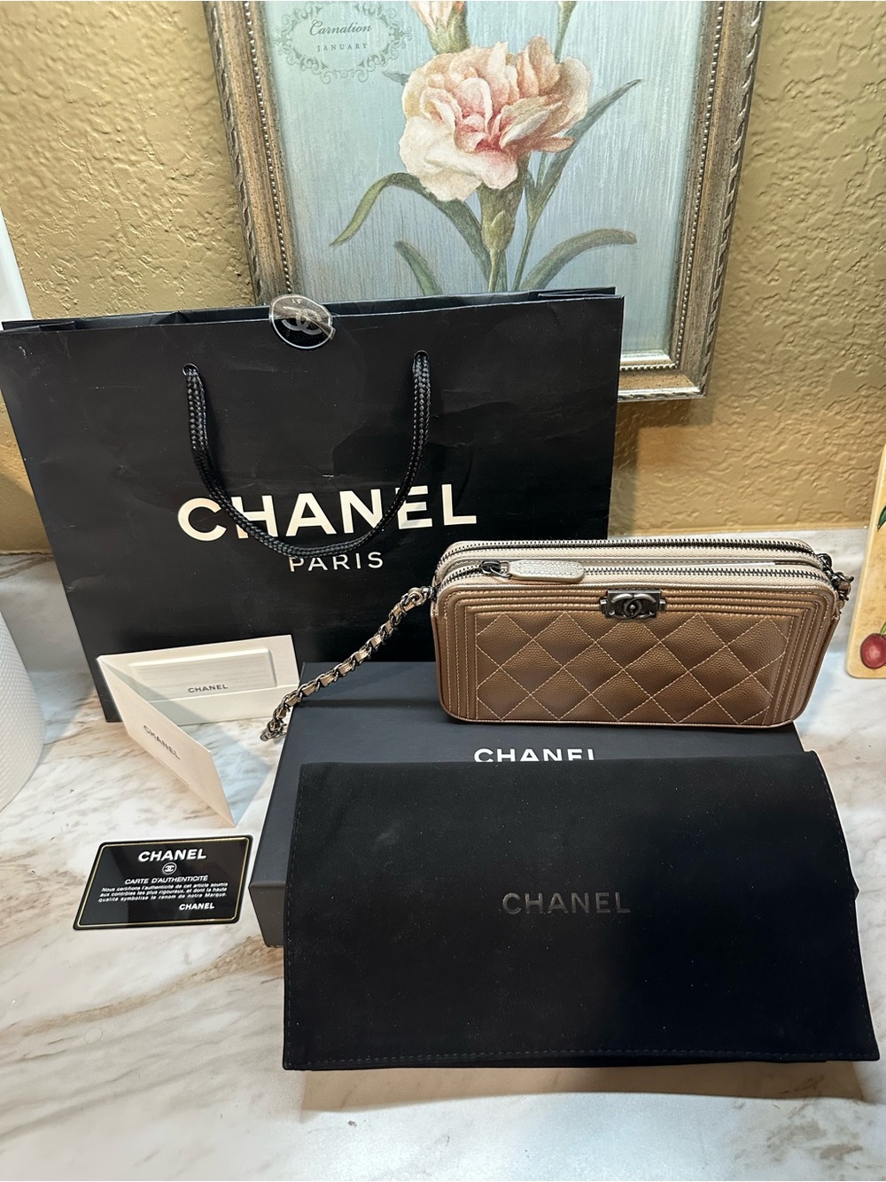 CHANEL Brown Quilted Double-Zip Crossbody Wallet
